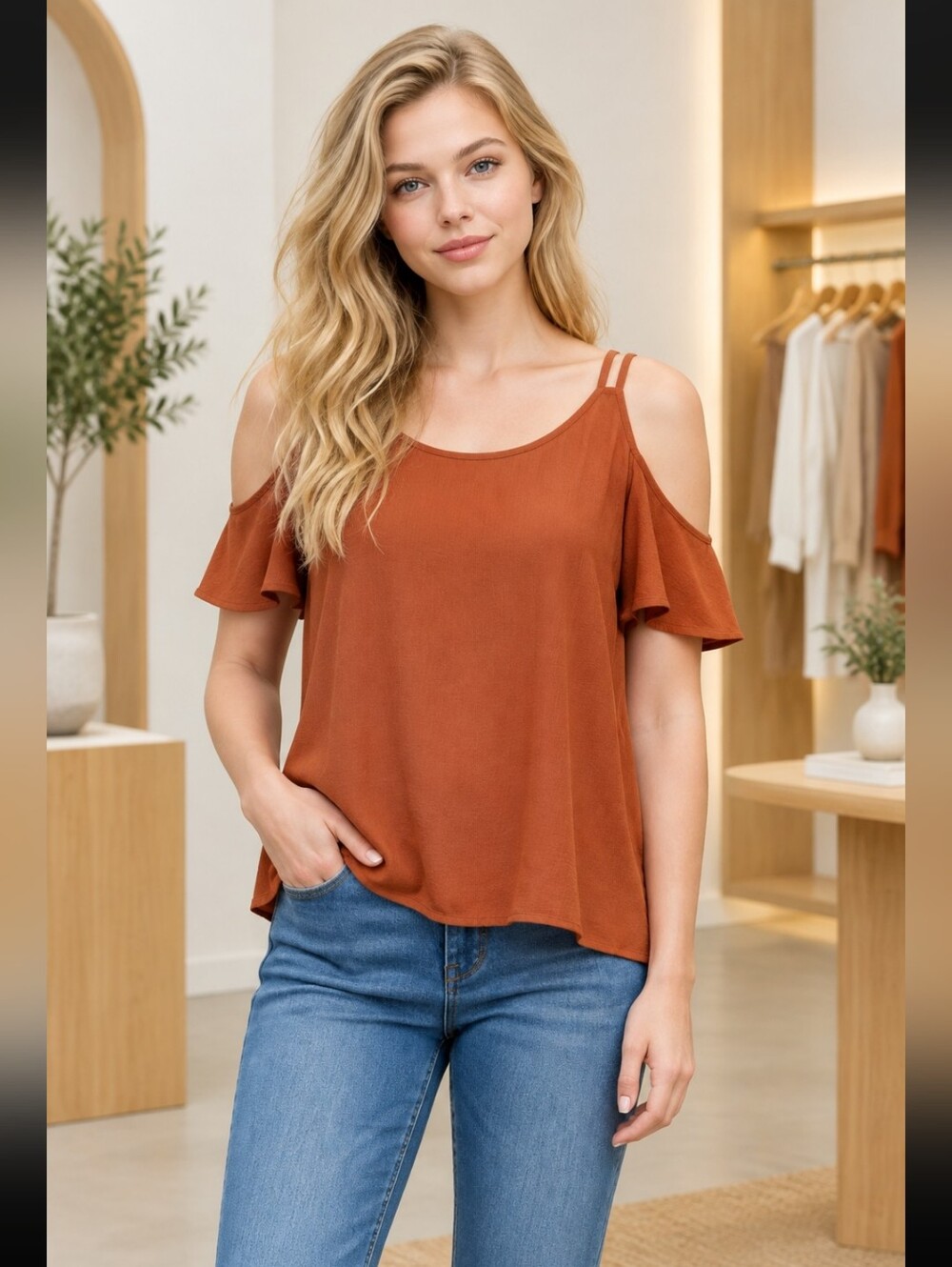 Active USA Rust Cold Shoulder Flutter Sleeve Top Size Medium By Wila NWT